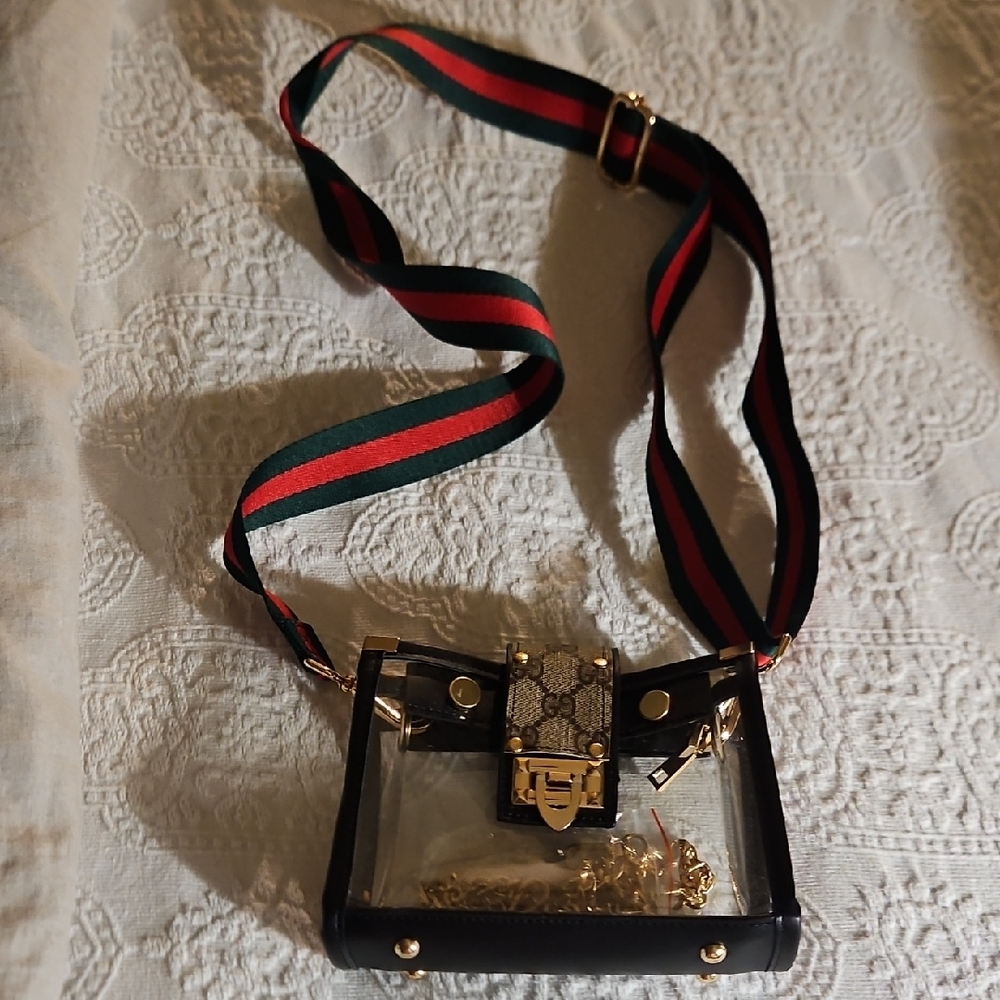 BNWOT Designer transparent Crossbody Stadium Bag. With Black Trimming.